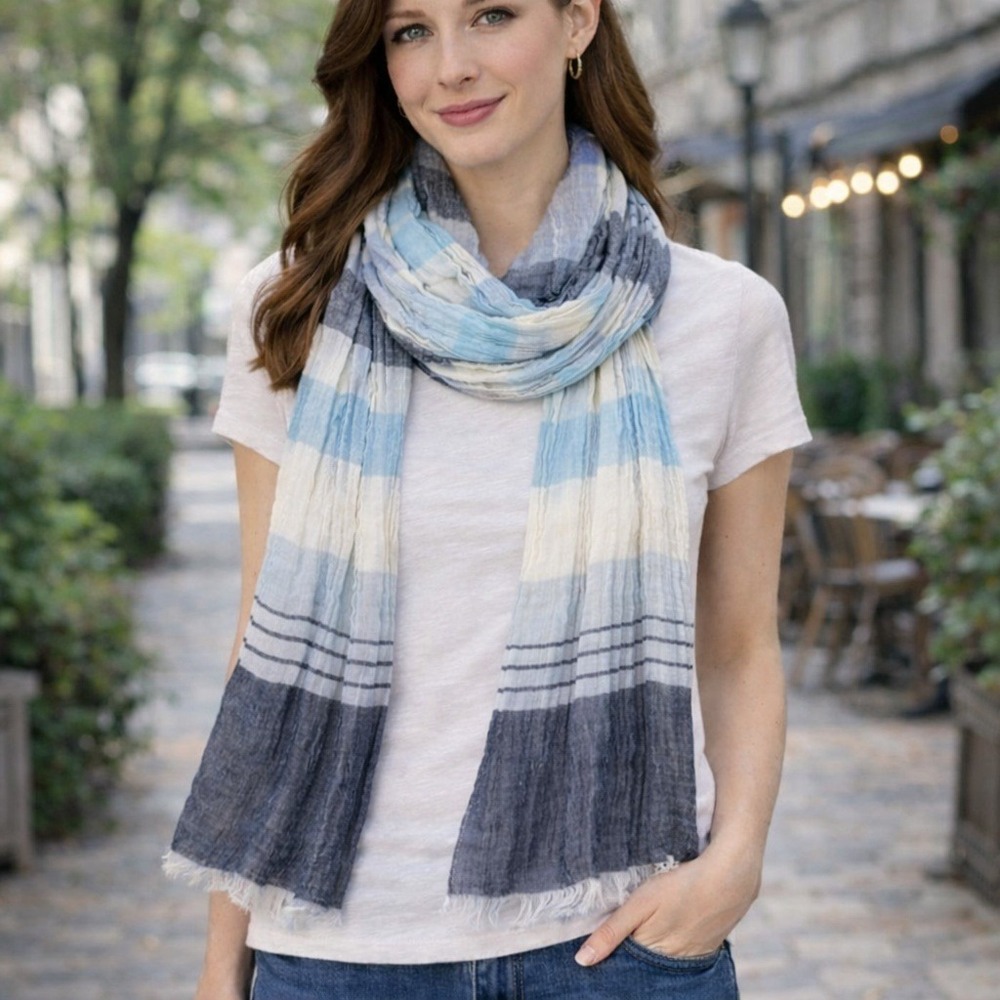 FRAAS Striped Scarf Womens OS New Blue White‎ Linen Blend Nautical Coastal Wrap